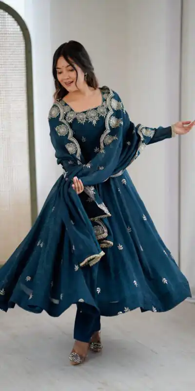 ZF 5011 Teal Crunchy Silk Gown with Embroidery Work. Wedding, Party, Festive, Events Best Price ₹2099. Delivery 4-6 Working Days. Shop now. | Gowns, Bollywood Gowns, Creative Gowns, Designer Gowns, Embroidered Gowns, Party Wear Gowns