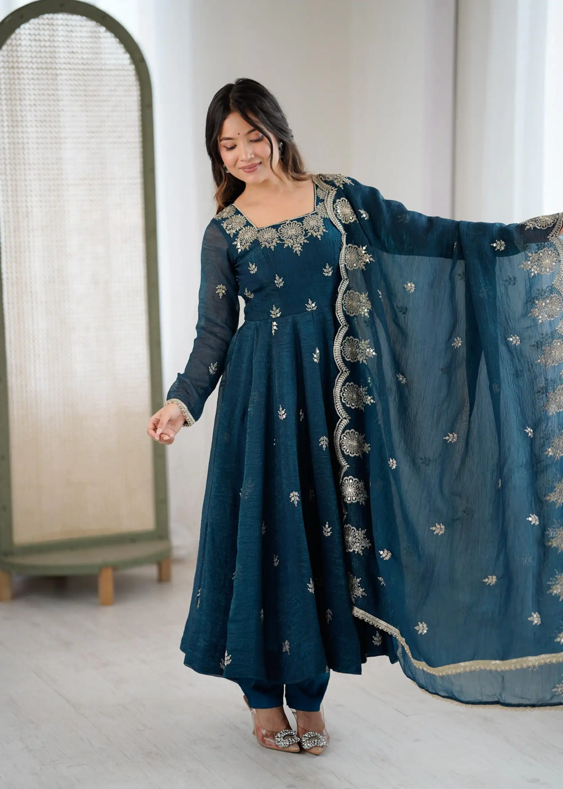 ZF 5011 Teal Crunchy Silk Gown with Embroidery Work. Wedding, Party, Festive, Events Best Price ₹2099. Delivery 4-6 Working Days. Shop now. | Gowns, Bollywood Gowns, Creative Gowns, Designer Gowns, Embroidered Gowns, Party Wear Gowns