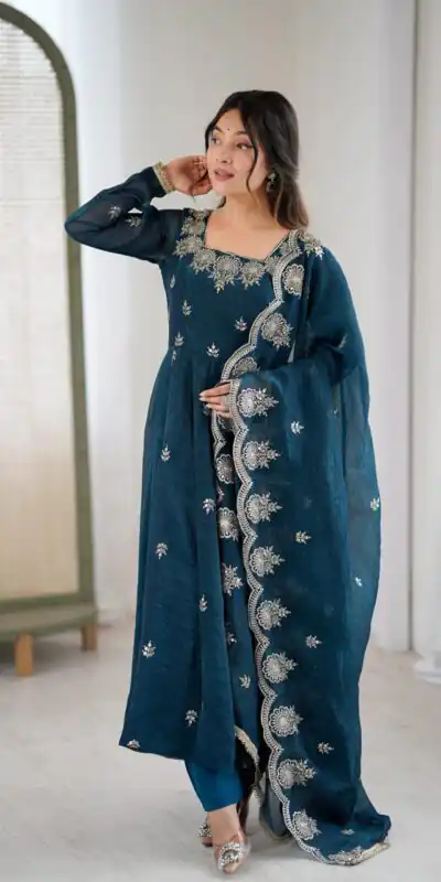 ZF 5011 Teal Crunchy Silk Gown with Embroidery Work. Wedding, Party, Festive, Events Best Price ₹2099. Delivery 4-6 Working Days. Shop now. | Gowns, Bollywood Gowns, Creative Gowns, Designer Gowns, Embroidered Gowns, Party Wear Gowns