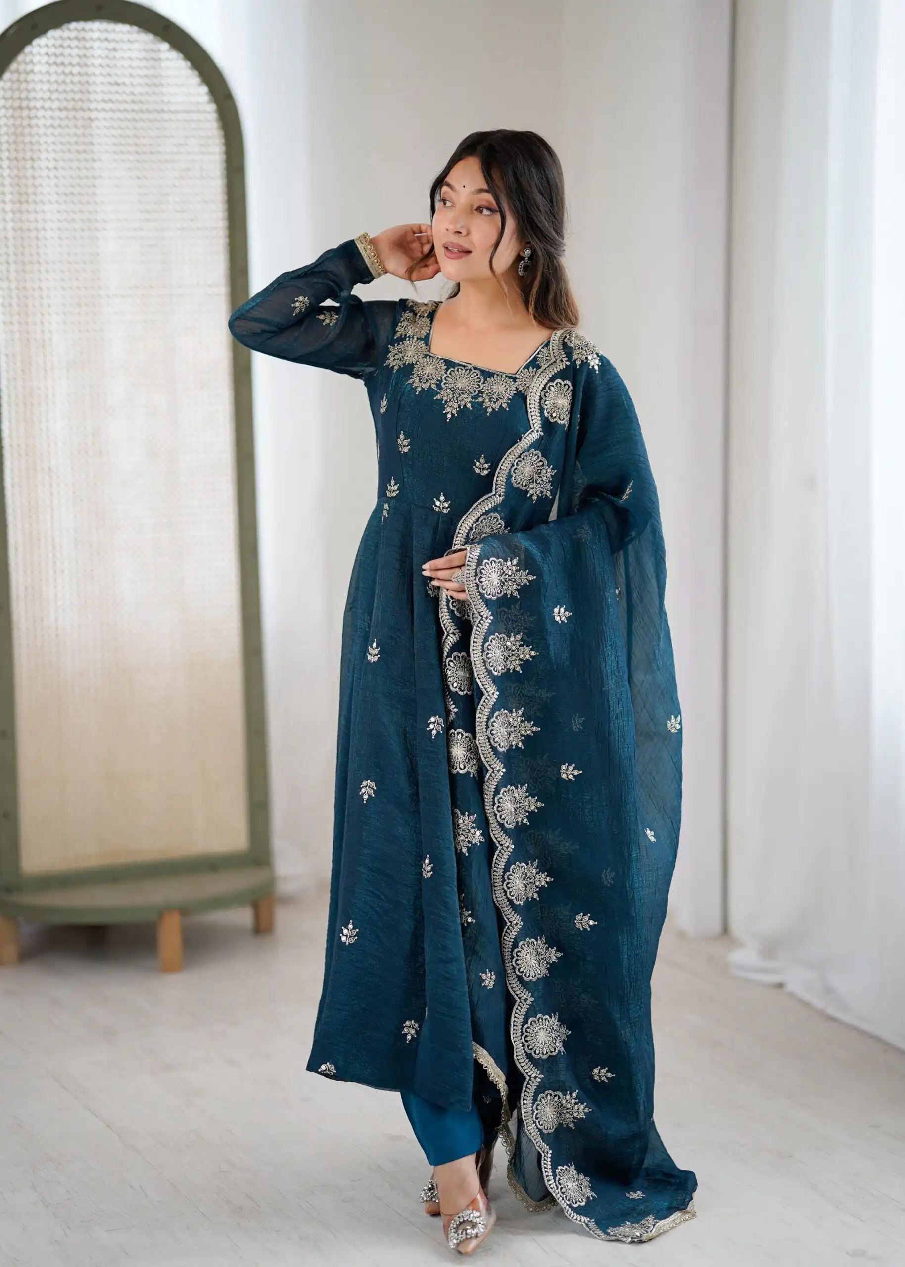 ZF 5011 Teal Crunchy Silk Gown with Embroidery Work. Wedding, Party, Festive, Events Best Price ₹2099. Delivery 4-6 Working Days. Shop now. | Gowns, Bollywood Gowns, Creative Gowns, Designer Gowns, Embroidered Gowns, Party Wear Gowns