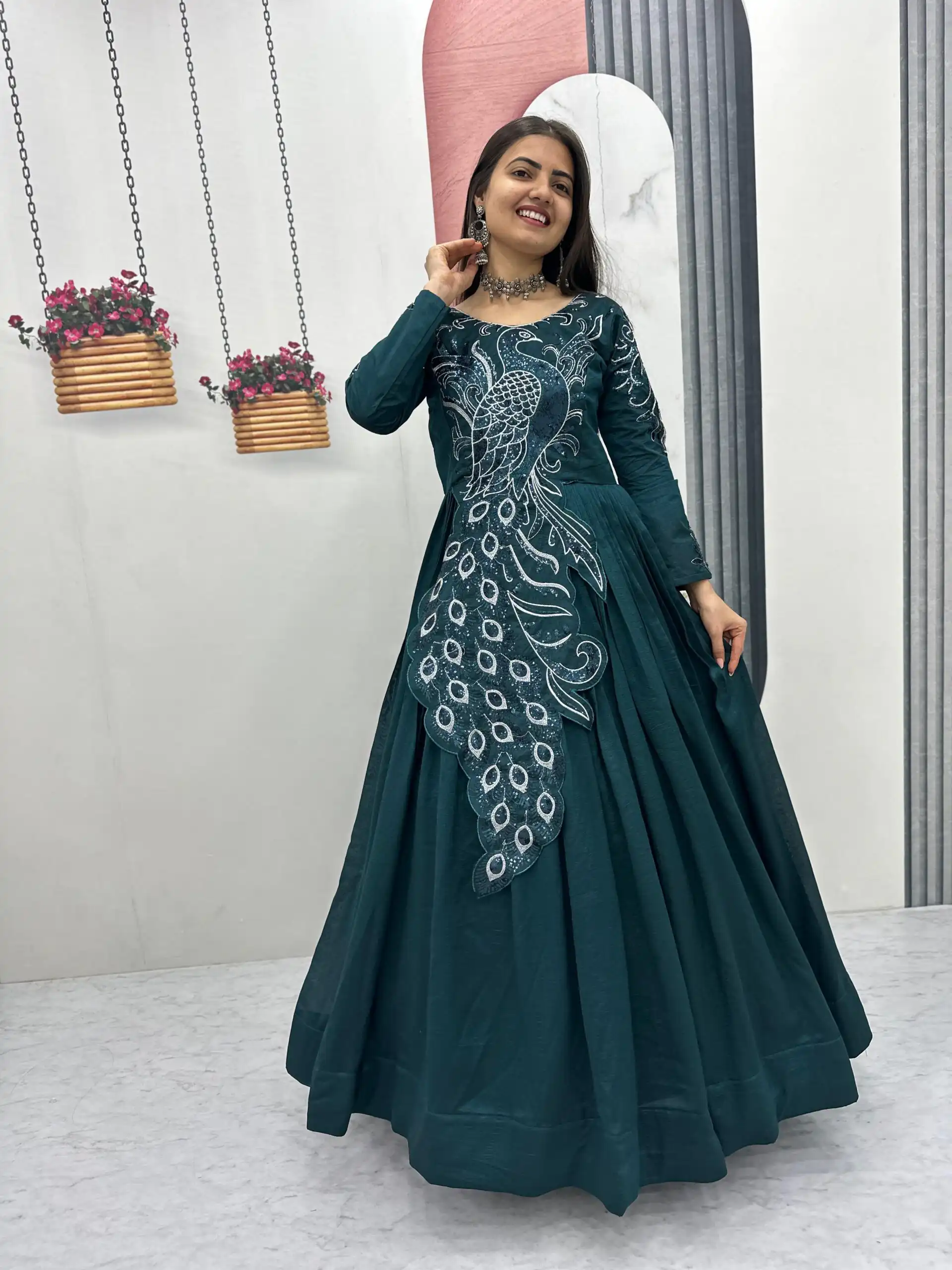 PC 564 Teal Vichitra Silk Gown Perfect for Wedding, Party, Holi, Anniversary, Mehendi –. Grab it for ₹2049. Delivery 4-6 Working Days. Shop now. | Gowns, Bollywood Gowns, Creative Gowns, Designer Gowns, Embroidered Gowns, Party Wear Gowns