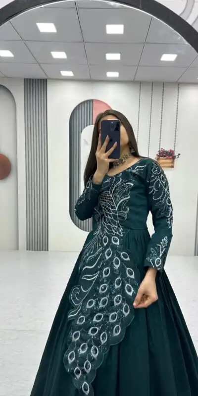 PC 564 Teal Vichitra Silk Gown Perfect for Wedding, Party, Holi, Anniversary, Mehendi –. Grab it for ₹2049. Delivery 4-6 Working Days. Shop now. | Gowns, Bollywood Gowns, Creative Gowns, Designer Gowns, Embroidered Gowns, Party Wear Gowns