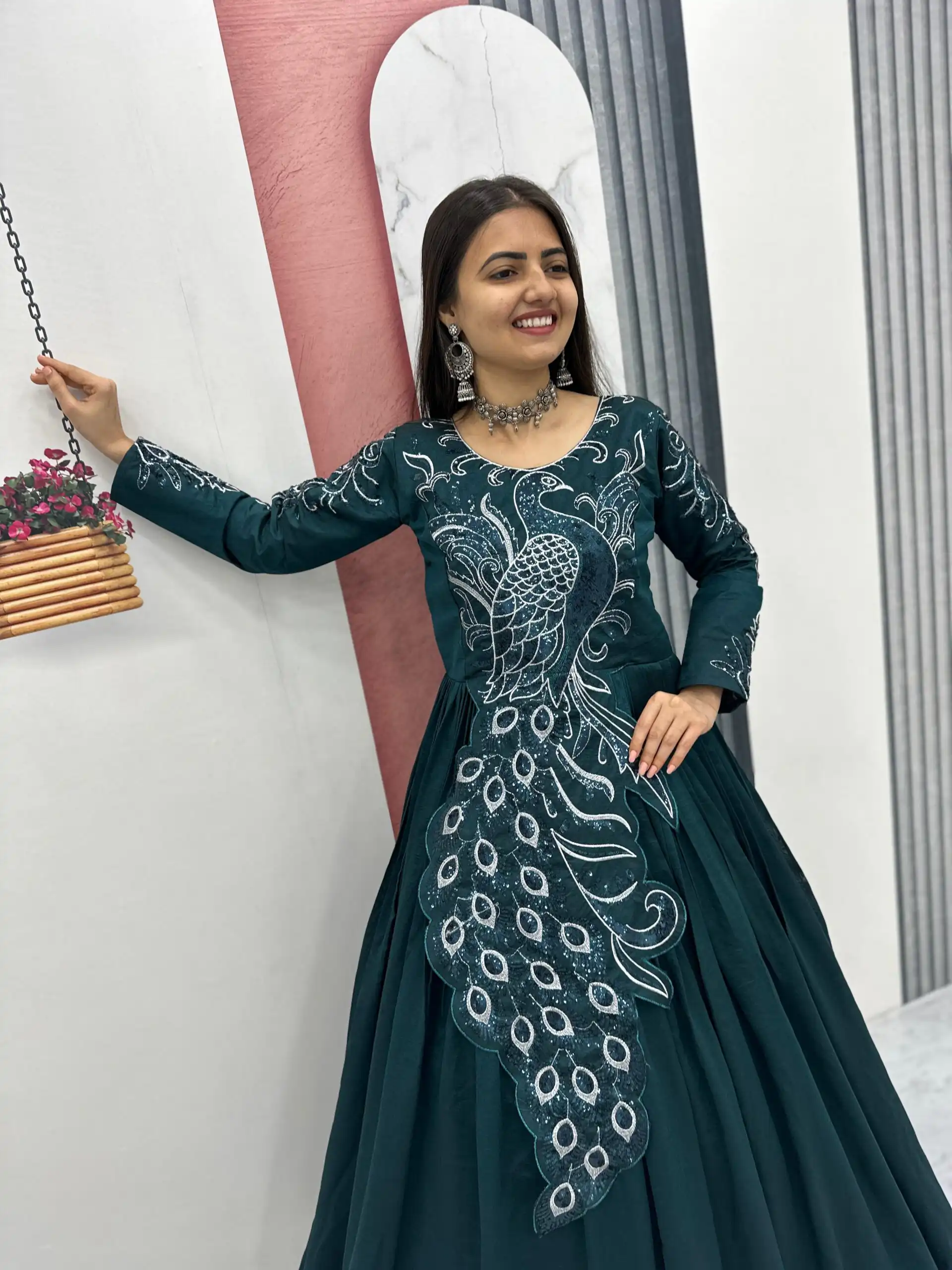 PC 564 Teal Vichitra Silk Gown Perfect for Wedding, Party, Holi, Anniversary, Mehendi –. Grab it for ₹2049. Delivery 4-6 Working Days. Shop now. | Gowns, Bollywood Gowns, Creative Gowns, Designer Gowns, Embroidered Gowns, Party Wear Gowns