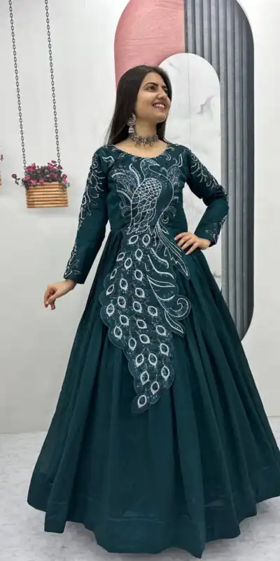 PC 564 Teal Vichitra Silk Gown Perfect for Wedding, Party, Holi, Anniversary, Mehendi –. Grab it for ₹2049. Delivery 4-6 Working Days. Shop now. | Gowns, Bollywood Gowns, Creative Gowns, Designer Gowns, Embroidered Gowns, Party Wear Gowns