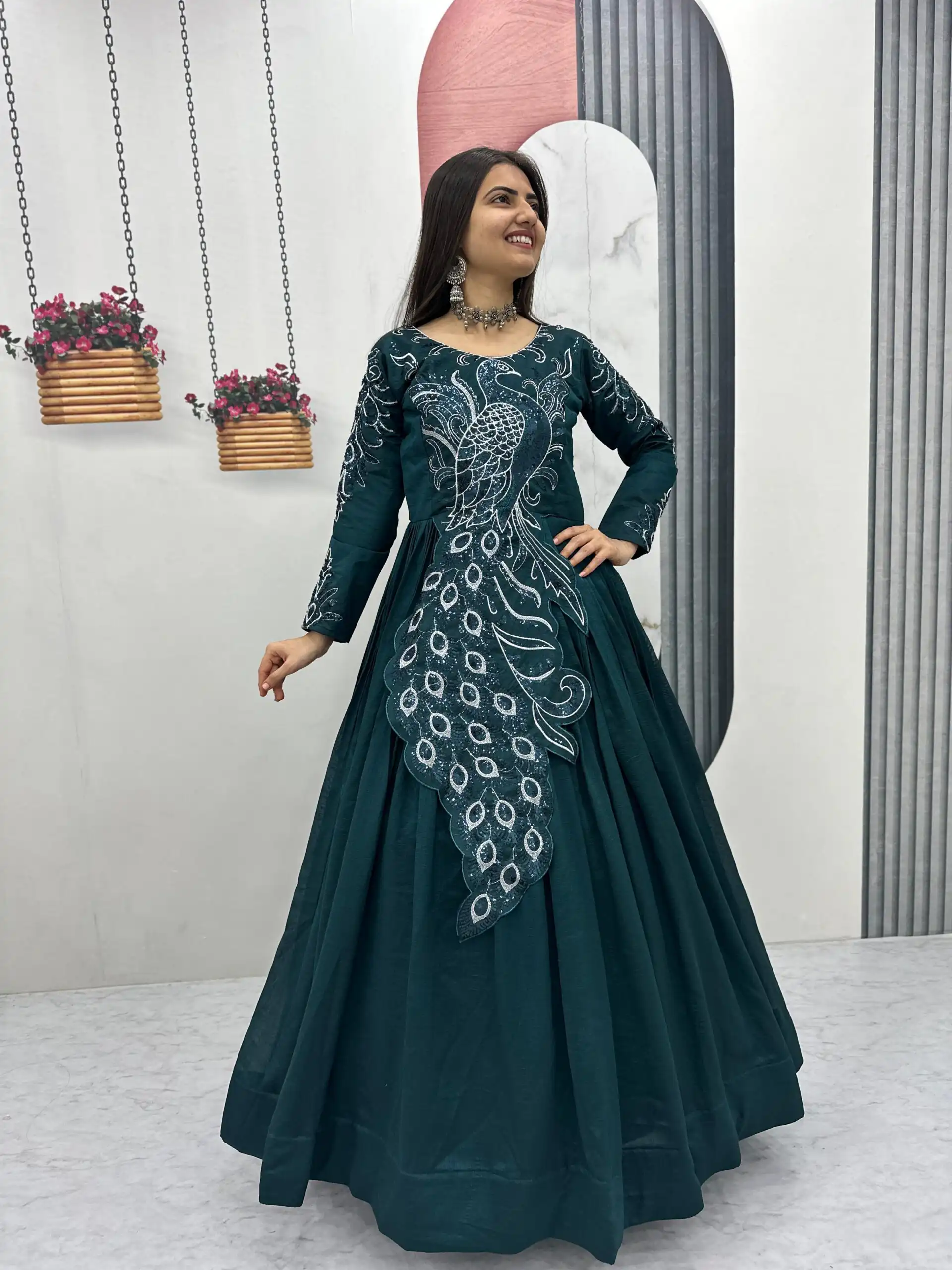 PC 564 Teal Vichitra Silk Gown Perfect for Wedding, Party, Holi, Anniversary, Mehendi –. Grab it for ₹2049. Delivery 4-6 Working Days. Shop now. | Gowns, Bollywood Gowns, Creative Gowns, Designer Gowns, Embroidered Gowns, Party Wear Gowns
