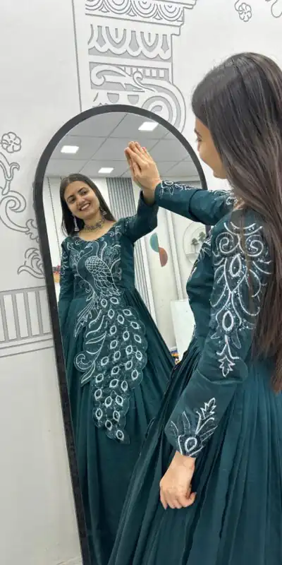 PC 564 Teal Vichitra Silk Gown Perfect for Wedding, Party, Holi, Anniversary, Mehendi –. Grab it for ₹2049. Delivery 4-6 Working Days. Shop now. | Gowns, Bollywood Gowns, Creative Gowns, Designer Gowns, Embroidered Gowns, Party Wear Gowns