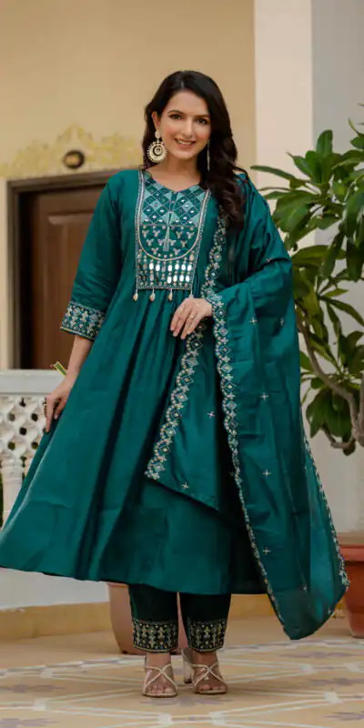 Teal Viscose Roman Silk Mirror Work Anarkali Suit
