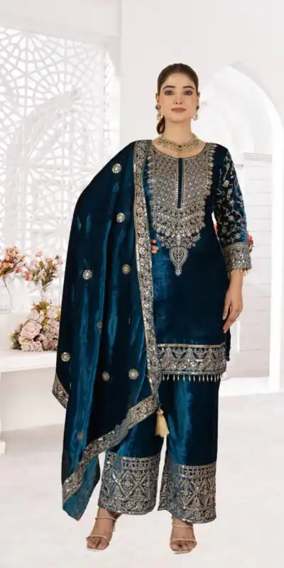 NF 1231 Teal Viscose Velvet Salwar Suit. Perfect for Wedding, Party, Traditional Day, Baisakhi, Eid – Available at ₹2399 only. Delivery 4-6 Workin | Jump Suits, Salwar suit, Designer Suits, Casual Suits, Creative suits, Palazzo Suits, Party Wear Suits, Patiala Suits, Straight Suits