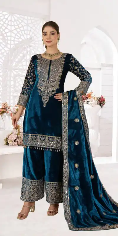 NF 1231 Teal Viscose Velvet Salwar Suit. Perfect for Wedding, Party, Traditional Day, Baisakhi, Eid – Available at ₹2399 only. Delivery 4-6 Workin | Jump Suits, Salwar suit, Designer Suits, Casual Suits, Creative suits, Palazzo Suits, Party Wear Suits, Patiala Suits, Straight Suits