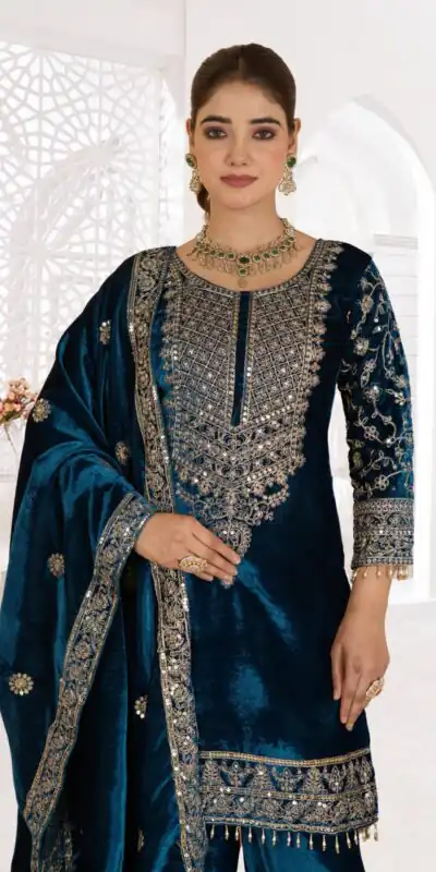 NF 1231 Teal Viscose Velvet Salwar Suit. Perfect for Wedding, Party, Traditional Day, Baisakhi, Eid – Available at ₹2399 only. Delivery 4-6 Workin | Jump Suits, Salwar suit, Designer Suits, Casual Suits, Creative suits, Palazzo Suits, Party Wear Suits, Patiala Suits, Straight Suits