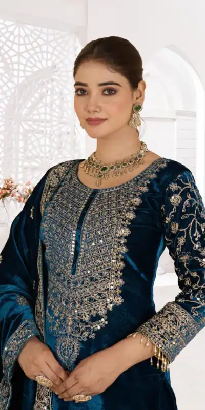 NF 1231 Teal Viscose Velvet Salwar Suit. Perfect for Wedding, Party, Traditional Day, Baisakhi, Eid – Available at ₹2399 only. Delivery 4-6 Workin | Jump Suits, Salwar suit, Designer Suits, Casual Suits, Creative suits, Palazzo Suits, Party Wear Suits, Patiala Suits, Straight Suits