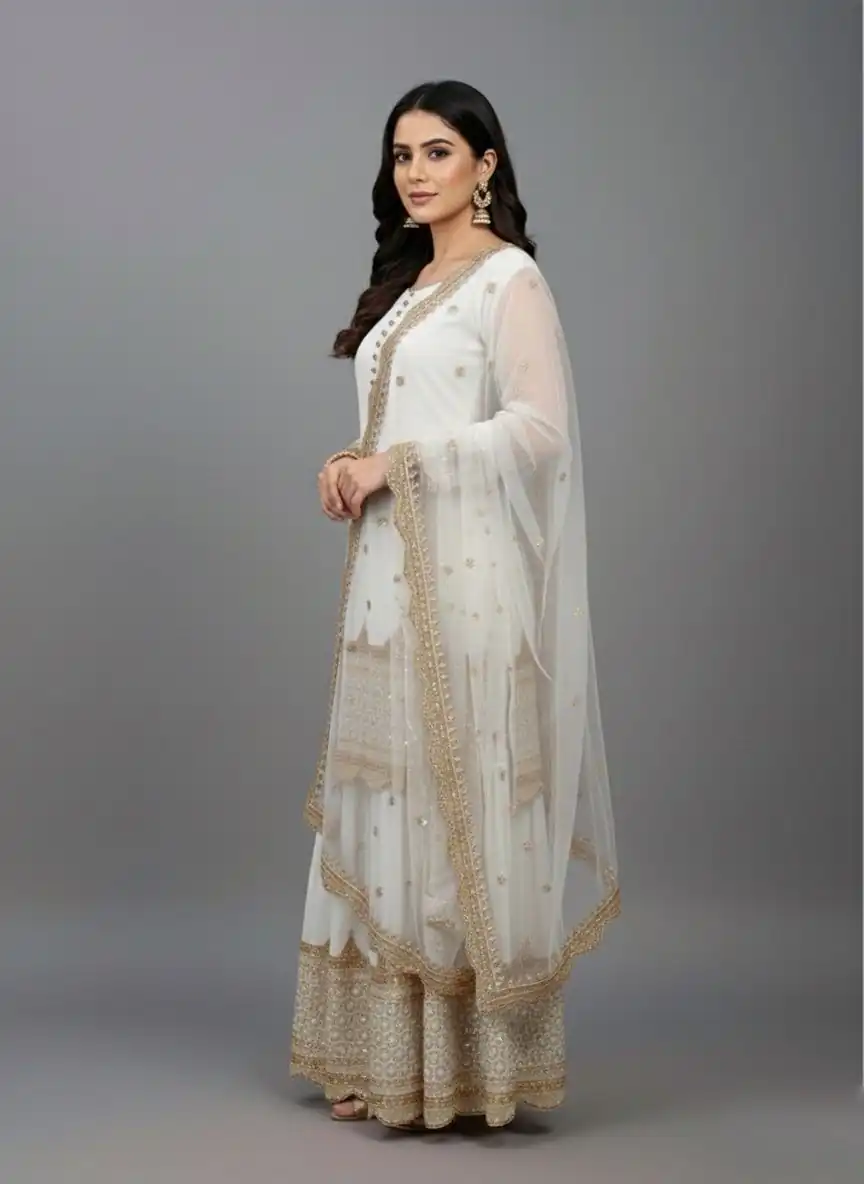 ZF 250 White Color Faux Georgette Embroidery Sequence Work Sharara Suit Wedding, Party, Festive, Events Etc. Expected Delivery 4-6 Working Days @2099/- | Jump Suits, Straight Suits, Salwar suit, Designer Suits, Casual Suits, Creative suits, Palazzo Suits, Party Wear Suits, Patiala Suits
