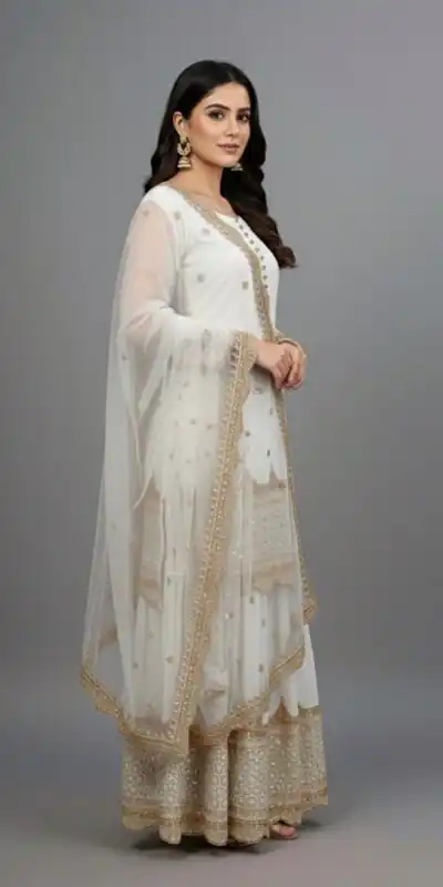 ZF 250 White Color Faux Georgette Embroidery Sequence Work Sharara Suit Wedding, Party, Festive, Events Etc. Expected Delivery 4-6 Working Days @2099/- | Jump Suits, Straight Suits, Salwar suit, Designer Suits, Casual Suits, Creative suits, Palazzo Suits, Party Wear Suits, Patiala Suits
