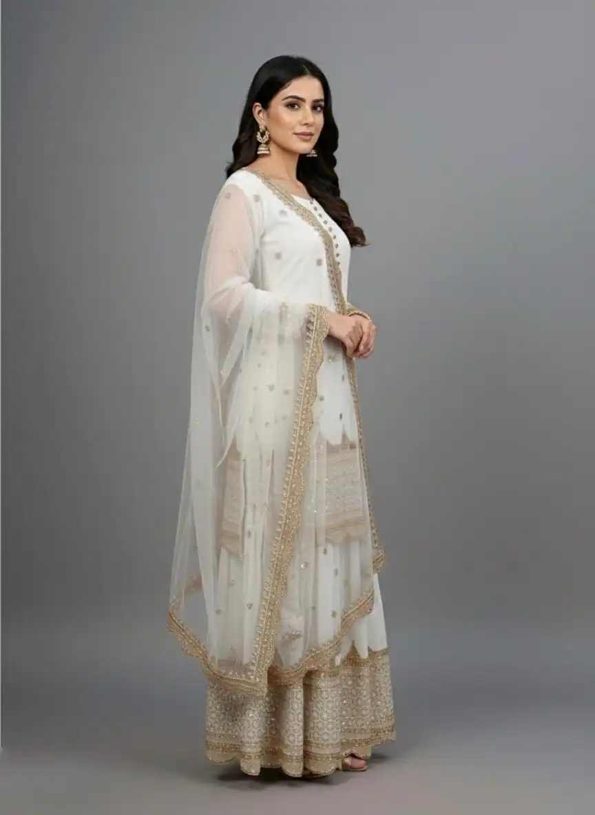 ZF 250 White Color Faux Georgette Embroidery Sequence Work Sharara Suit Wedding, Party, Festive, Events Etc. Expected Delivery 4-6 Working Days @2099/- | Jump Suits, Straight Suits, Salwar suit, Designer Suits, Casual Suits, Creative suits, Palazzo Suits, Party Wear Suits, Patiala Suits