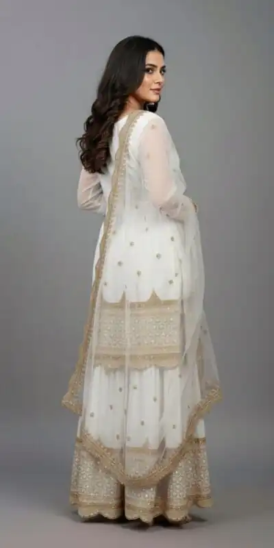 ZF 250 White Color Faux Georgette Embroidery Sequence Work Sharara Suit Wedding, Party, Festive, Events Etc. Expected Delivery 4-6 Working Days @2099/- | Jump Suits, Straight Suits, Salwar suit, Designer Suits, Casual Suits, Creative suits, Palazzo Suits, Party Wear Suits, Patiala Suits