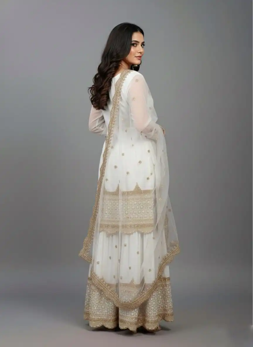 ZF 250 White Color Faux Georgette Embroidery Sequence Work Sharara Suit Wedding, Party, Festive, Events Etc. Expected Delivery 4-6 Working Days @2099/- | Jump Suits, Straight Suits, Salwar suit, Designer Suits, Casual Suits, Creative suits, Palazzo Suits, Party Wear Suits, Patiala Suits
