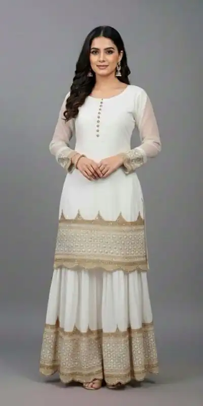 ZF 250 White Color Faux Georgette Embroidery Sequence Work Sharara Suit Wedding, Party, Festive, Events Etc. Expected Delivery 4-6 Working Days @2099/- | Jump Suits, Straight Suits, Salwar suit, Designer Suits, Casual Suits, Creative suits, Palazzo Suits, Party Wear Suits, Patiala Suits