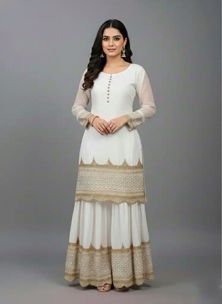 ZF 250 White Color Faux Georgette Embroidery Sequence Work Sharara Suit Wedding, Party, Festive, Events Etc. Expected Delivery 4-6 Working Days @2099/- | Jump Suits, Straight Suits, Salwar suit, Designer Suits, Casual Suits, Creative suits, Palazzo Suits, Party Wear Suits, Patiala Suits