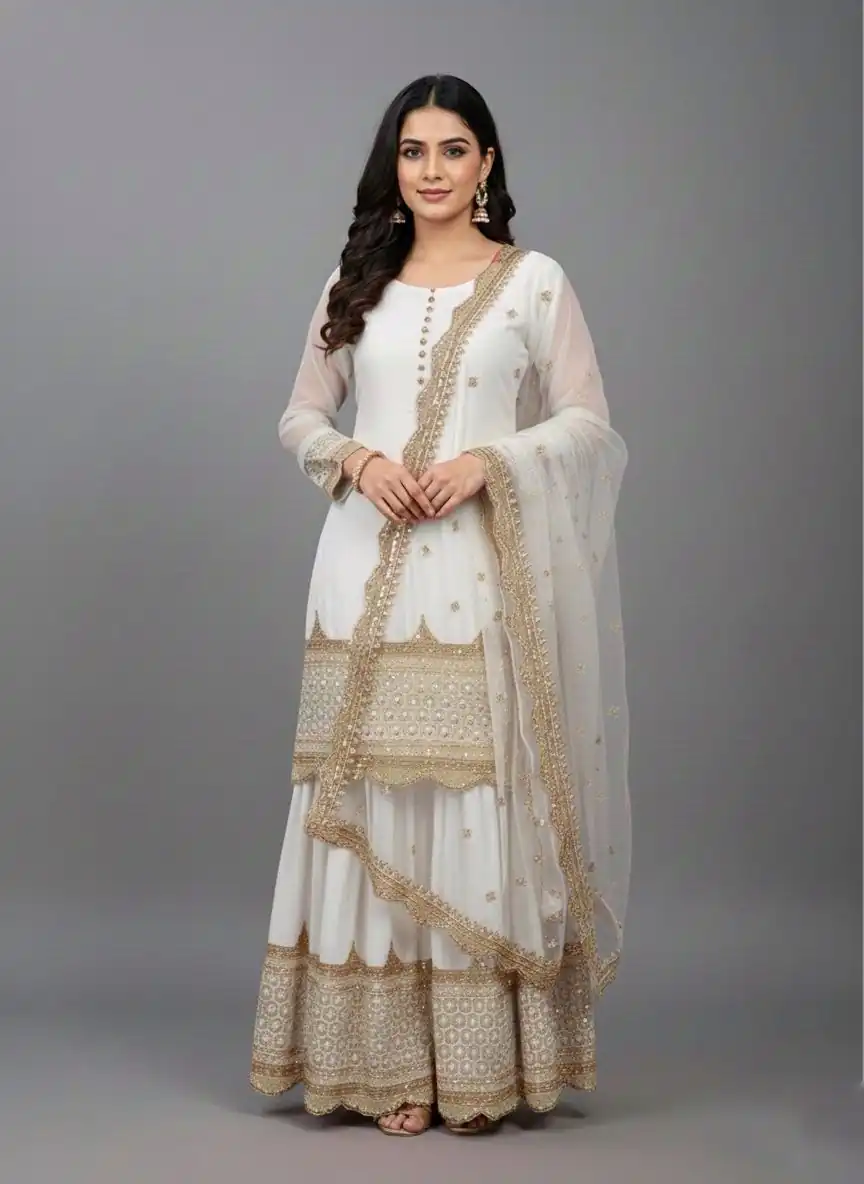 ZF 250 White Color Faux Georgette Embroidery Sequence Work Sharara Suit Wedding, Party, Festive, Events Etc. Expected Delivery 4-6 Working Days @2099/- | Jump Suits, Straight Suits, Salwar suit, Designer Suits, Casual Suits, Creative suits, Palazzo Suits, Party Wear Suits, Patiala Suits