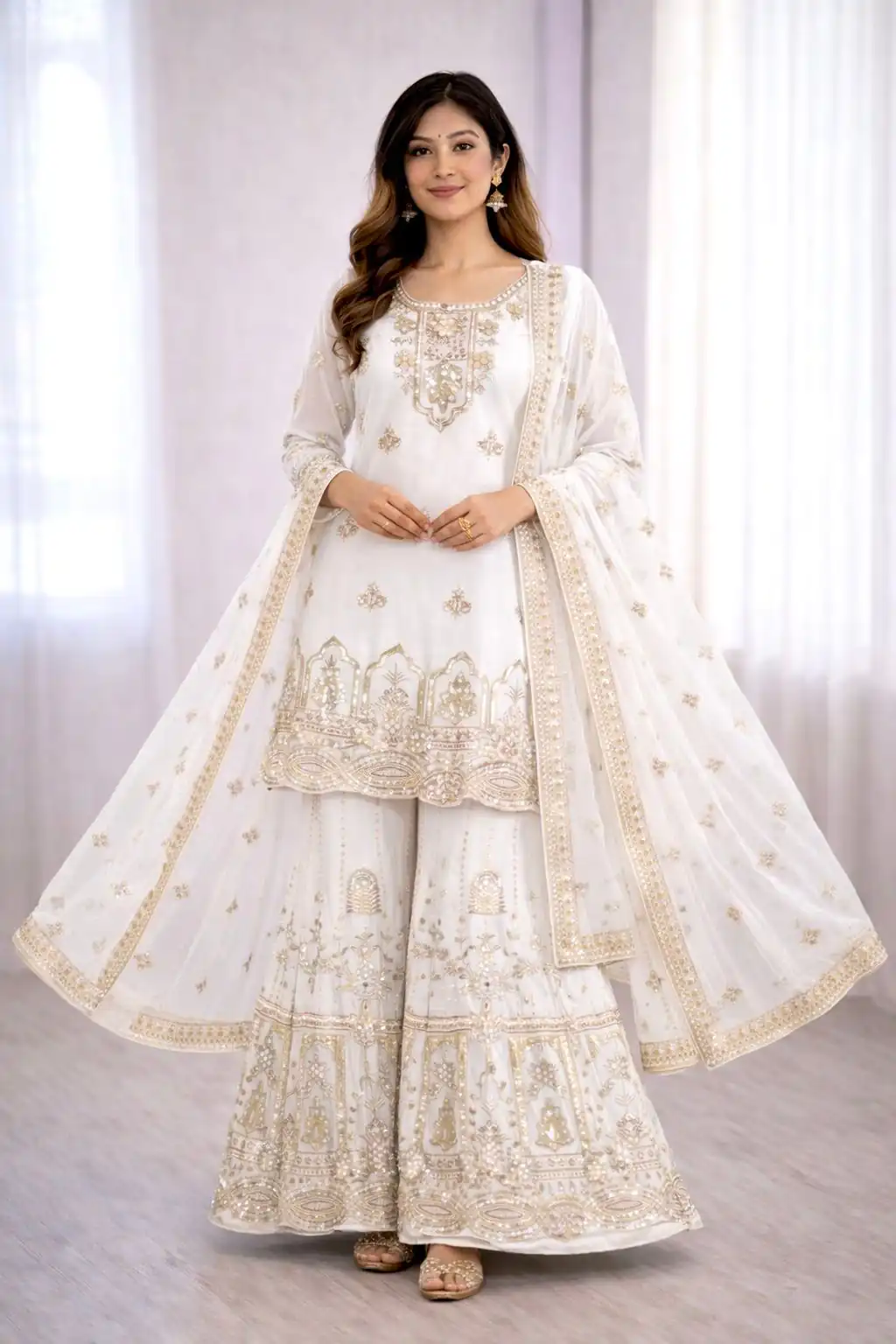 WW 1250 White Faux Georgette With 5 mm Sequence Work Salwar Suit Wedding, Party, Festive, Events Etc. Expected Delivery 4-6 Working Days @2399/- | Jump Suits, Salwar suit, Designer Suits, Casual Suits, Creative suits, Palazzo Suits, Party Wear Suits, Patiala Suits, Straight Suits