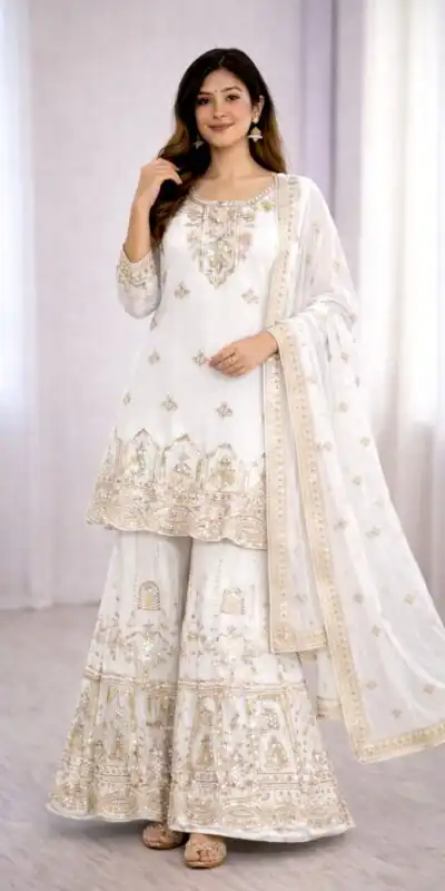 WW 1250 White Faux Georgette With 5 mm Sequence Work Salwar Suit Wedding, Party, Festive, Events Etc. Expected Delivery 4-6 Working Days @2399/- | Jump Suits, Salwar suit, Designer Suits, Casual Suits, Creative suits, Palazzo Suits, Party Wear Suits, Patiala Suits, Straight Suits