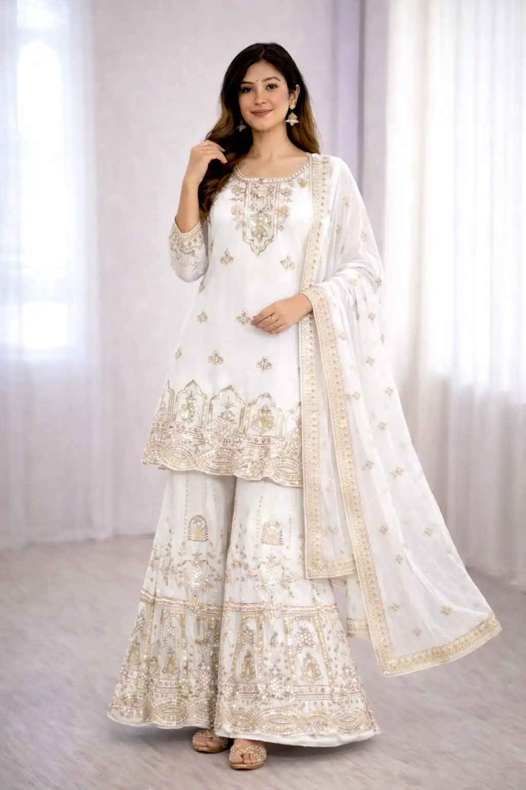 WW 1250 White Faux Georgette With 5 mm Sequence Work Salwar Suit Wedding, Party, Festive, Events Etc. Expected Delivery 4-6 Working Days @2399/- | Jump Suits, Salwar suit, Designer Suits, Casual Suits, Creative suits, Palazzo Suits, Party Wear Suits, Patiala Suits, Straight Suits