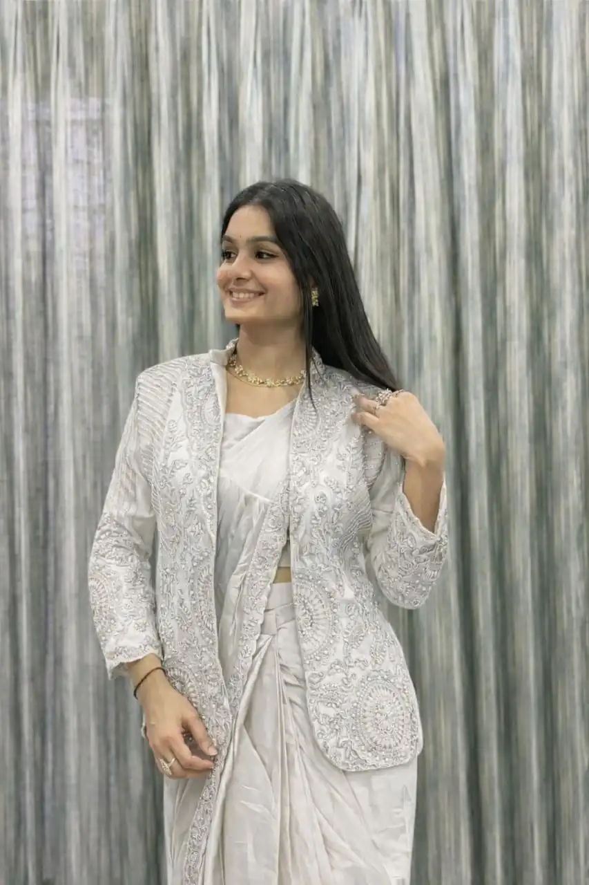 White Rangoli Silk Embroidery Work Saree - Image 2