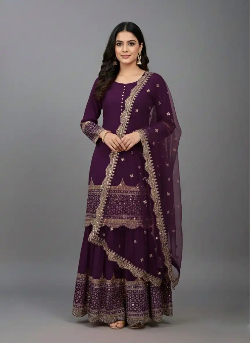 ZF 250 Wine Color Faux Georgette Embroidery Sequence Work Sharara Suit Wedding, Party, Festive, Events Etc. Expected Delivery 4-6 Working Days @2099/- | Jump Suits, Salwar suit, Designer Suits, Casual Suits, Creative suits, Palazzo Suits, Party Wear Suits, Patiala Suits, Straight Suits