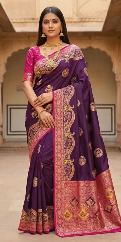 Wine Pashmina Silk Woven Lace Border Saree
