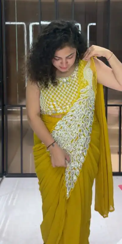 ST 1165 Yellow Faux Georgette Saree with Embroidery Work & Sequins Work. Now at just ₹1799. Delivery 4-6 Working Days. Shop now. | Sarees, Bollywood Sarees, Creative Sarees, Designer Sarees, Embroidered Sarees, Ethnic Saree, Modern Digital sarees, Party Wear Sarees