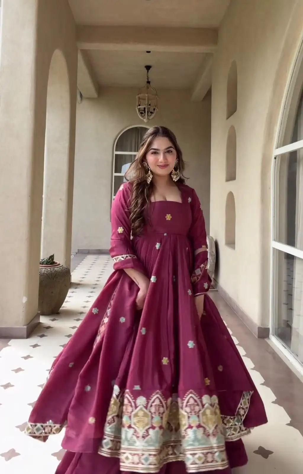 Aglow Red Natural Crep Embroidery Work Anarkali Suit - Image 4