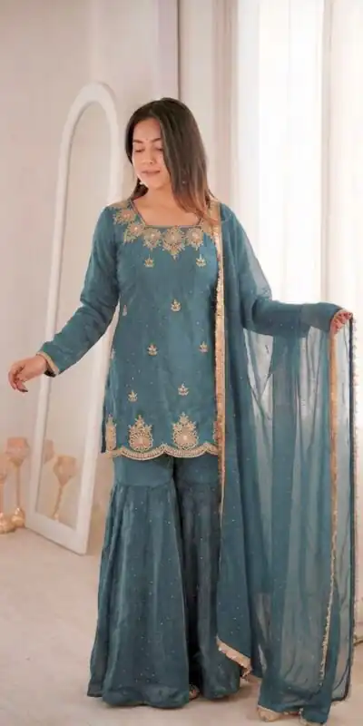 Alternative view of Aglow Teal Fendy Silk Embroidery Work Salwar Suit