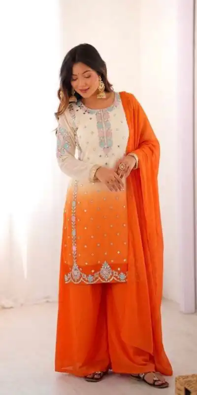 Amazing Orange Faux Georgette Embroider Work Salwar Suit