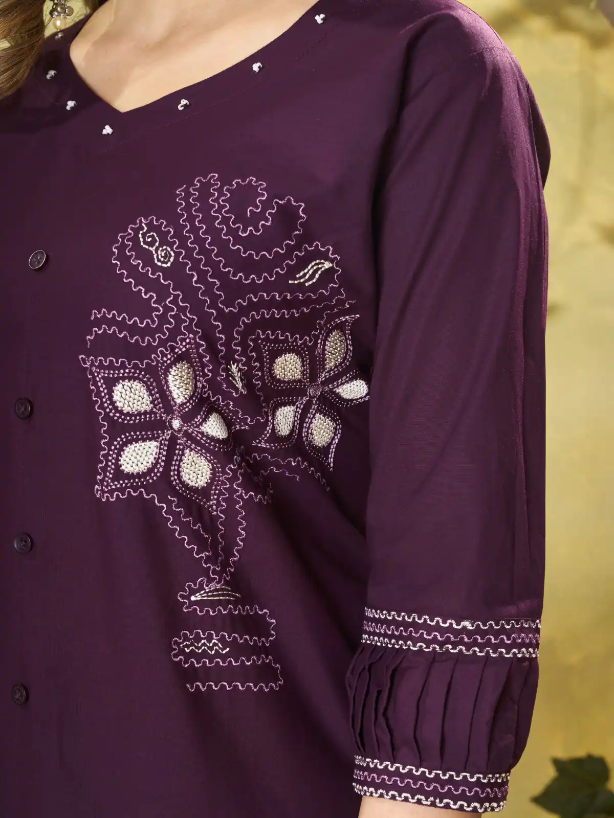 Beautiful Wine Pure Cotton Multi Thread Work Kurti - Image 3