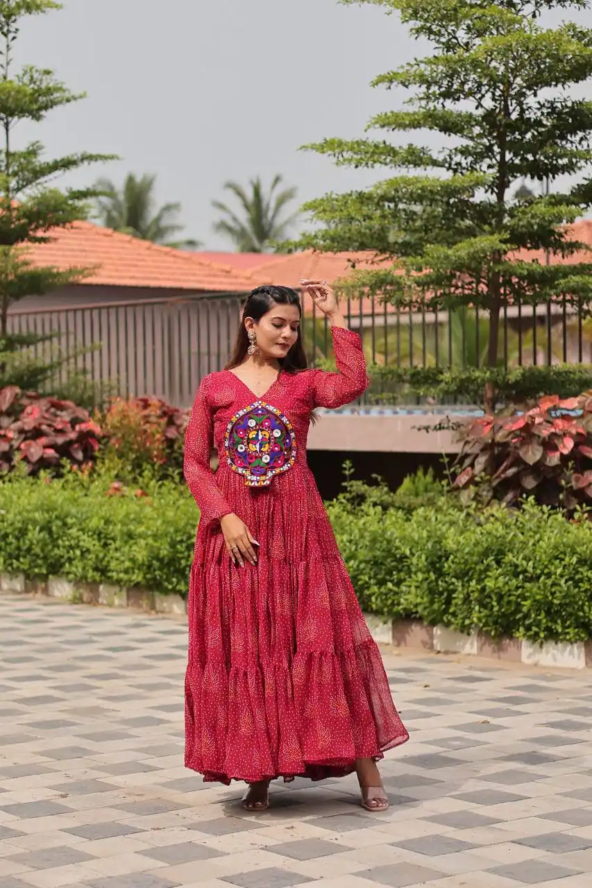 Cool Red Faux Georgette Gamathi Work Gown - Image 3
