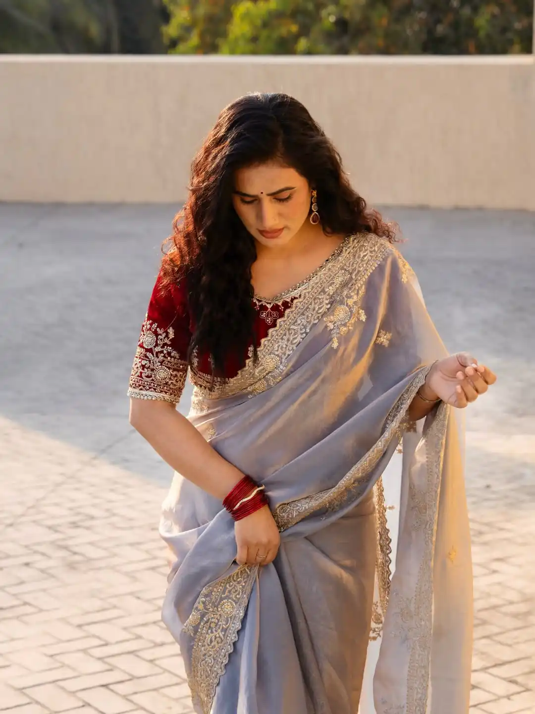 Elegant Lavender Fendy Satin Embroidery Work Saree