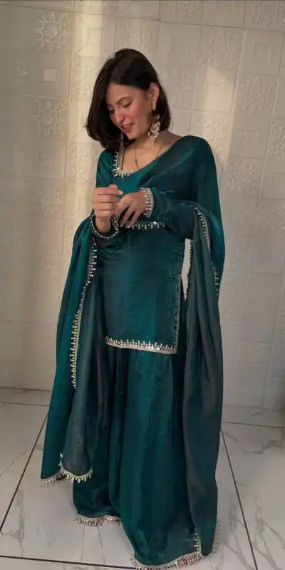 Alternative view of Elegant Teal Fandy Silk Embroidery Work Salwar Suit