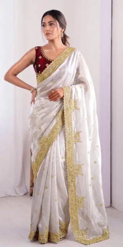 Alternative view of Elegant White Fendy Satin Embroidery Work Saree
