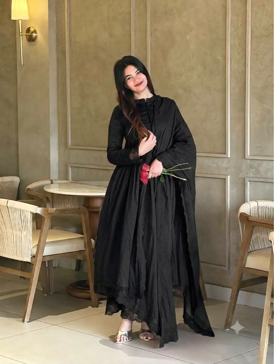 Fancy Black Roman Silk  Embroidery Cut Work Gown - Image 2