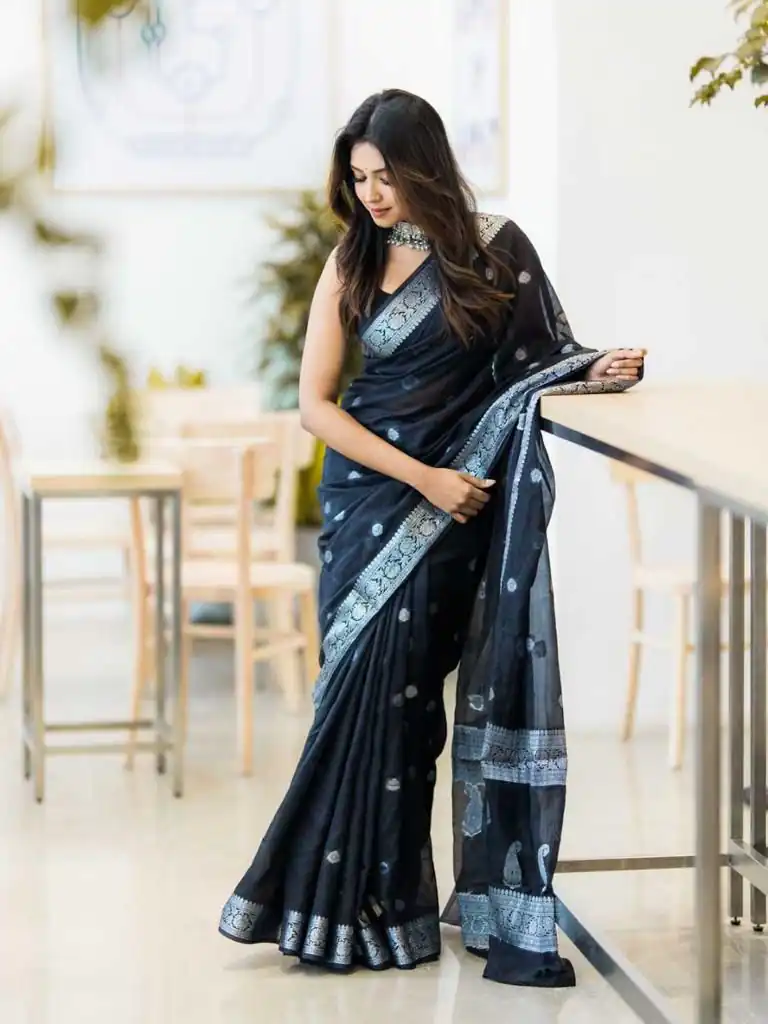Fancy Black Soft Lilan Slab Jacquard Work Saree