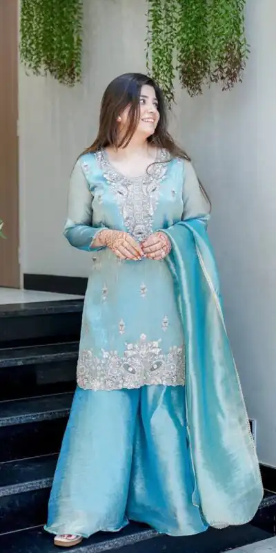 Fancy Blue Fandy Satin Embroidery Work Salwar Suit