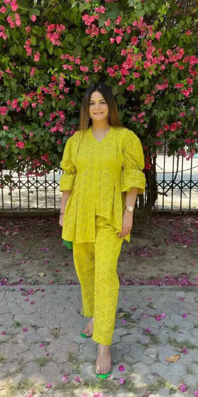 Alternative view of Fancy Lime Yellow Cotton Embroidery Work Salwar Suit