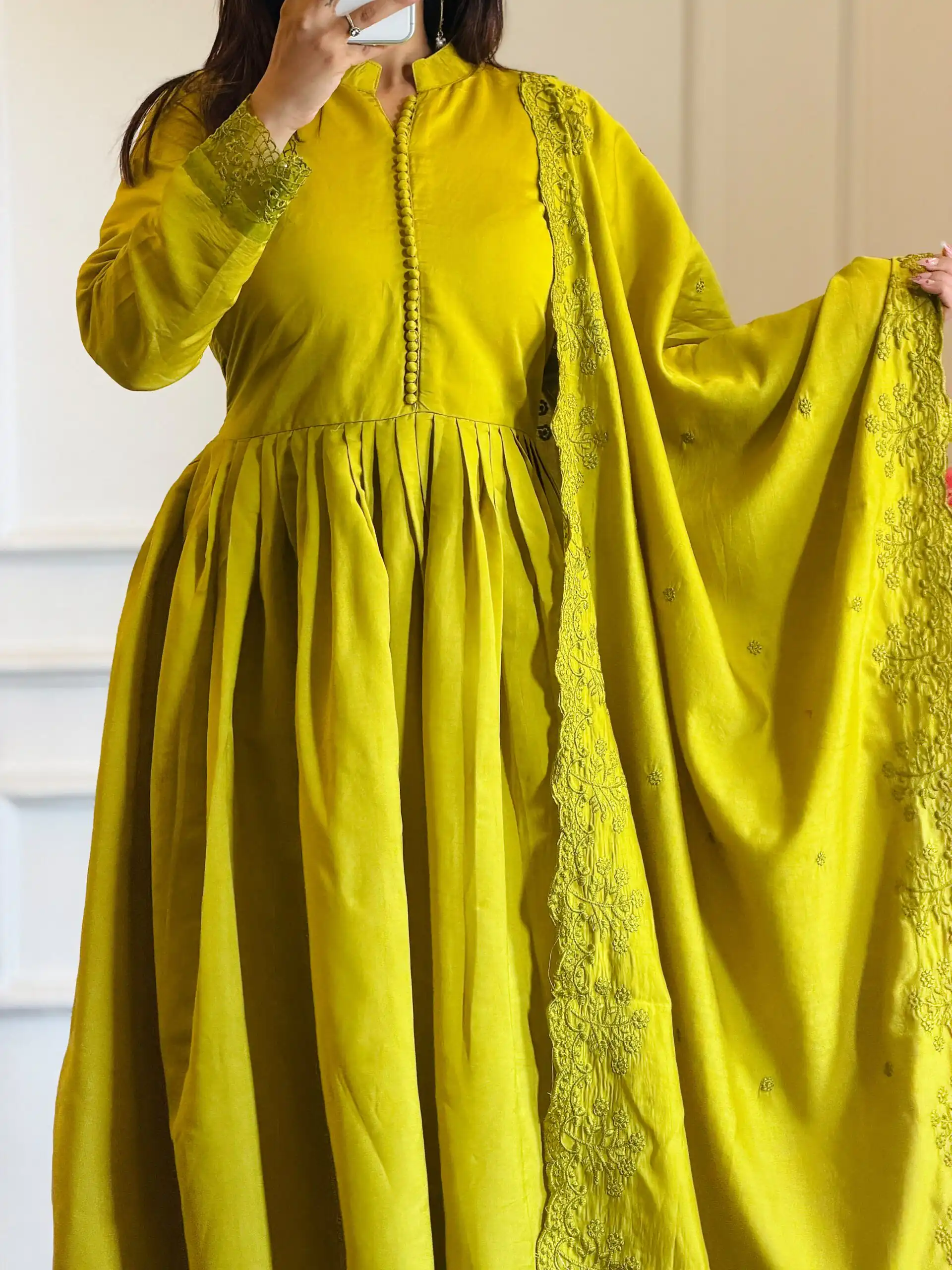 Fancy Lime Yellow Roman Silk  Embroidery Cut Work Gown - Image 2