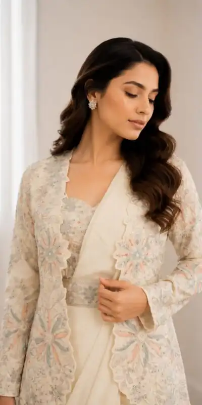 Alternative view of Fancy Off White Crap Silk Embroidery Work Saree