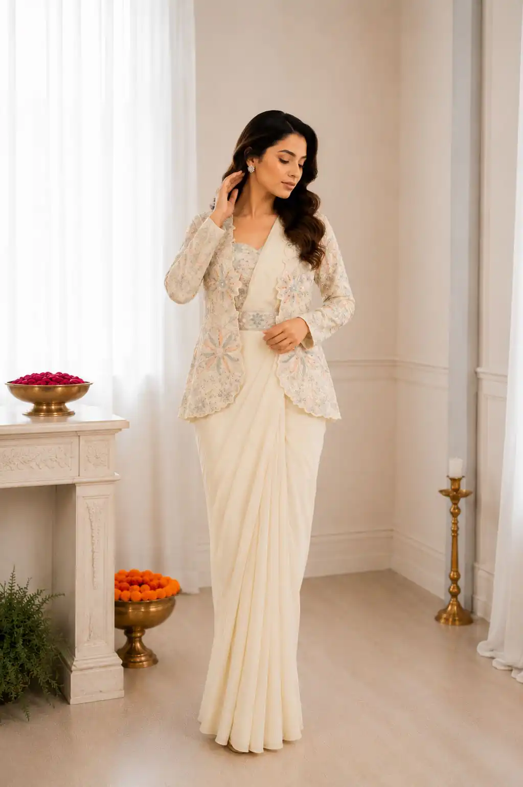 Fancy Off White Crap Silk Embroidery Work Saree
