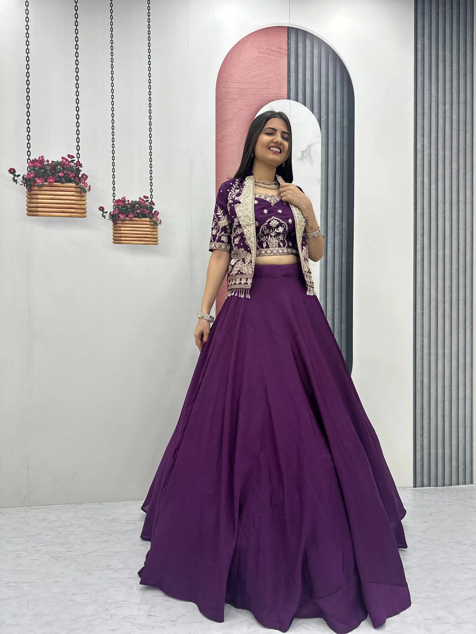 Fancy Purple Chinon Embroidery Work Lehenga Choli - Image 7
