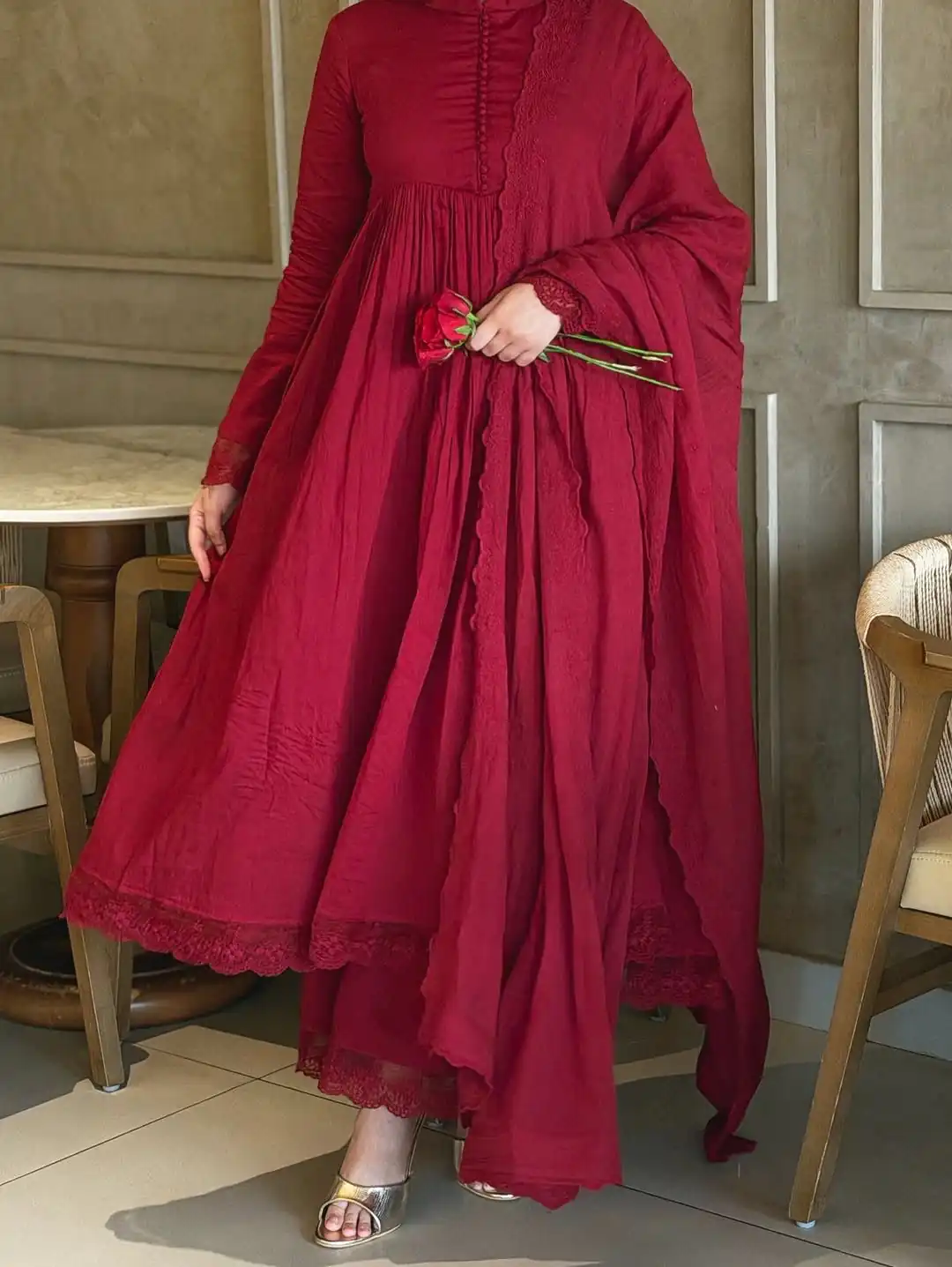 Fancy Red Roman Silk  Embroidery Cut Work Gown - Image 4