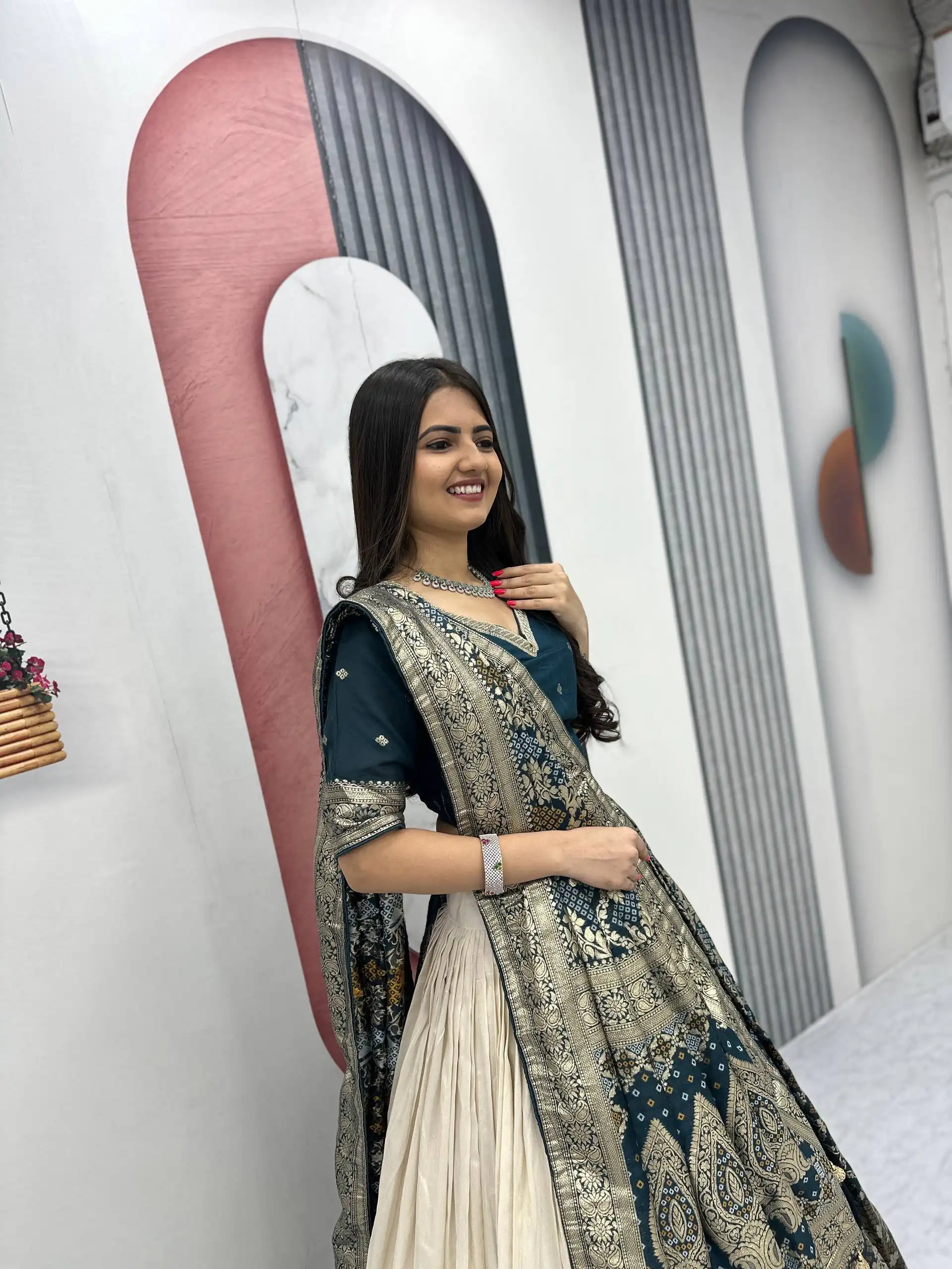 Fancy Teal Jacquard Silk Moti Work Lehenga Choli - Image 6