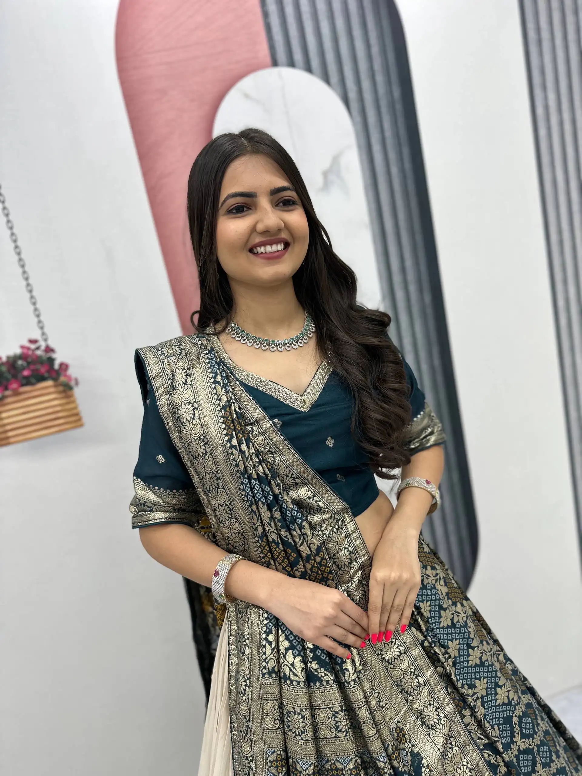 Fancy Teal Jacquard Silk Moti Work Lehenga Choli - Image 8
