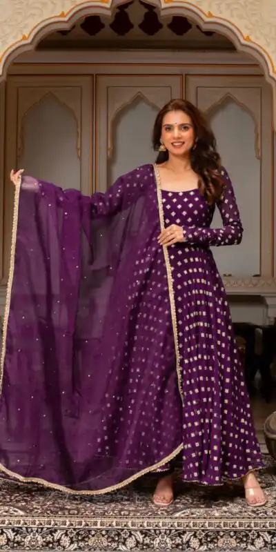 Fancy Wine Chanderi Jacquard Butti Mirror Work Anarkali Suit